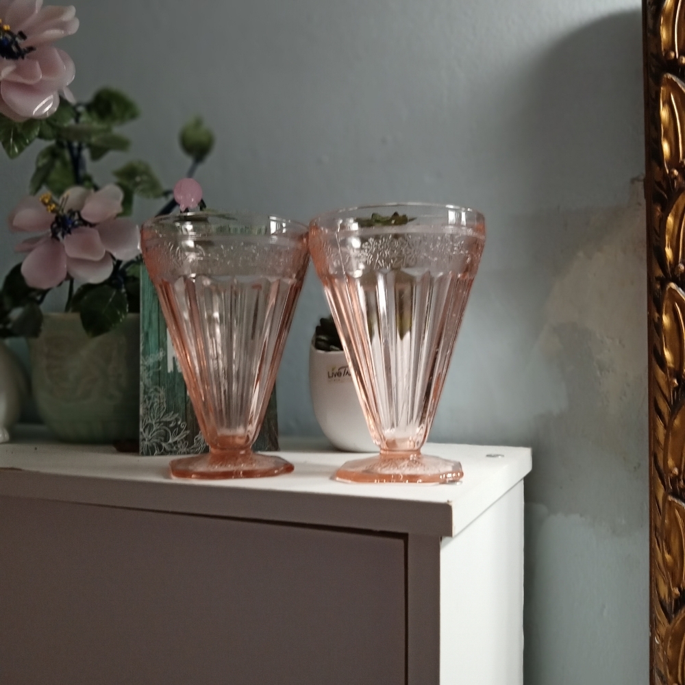 2 Vintage Jeanette Pink Adam depression glass ice tea tumblers.